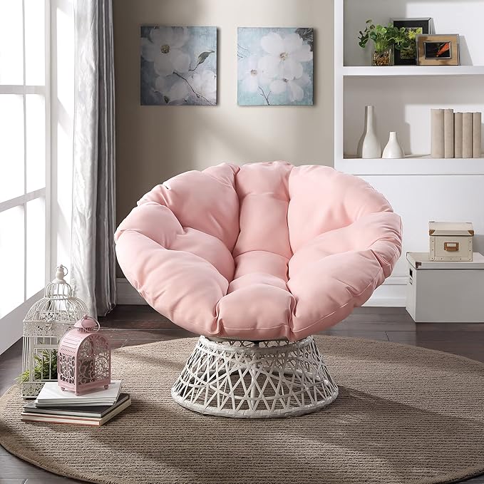 OSP Home Furnishings Wicker Papasan Chair with 360-Degree Swivel Cream Frame with Pink Cushion