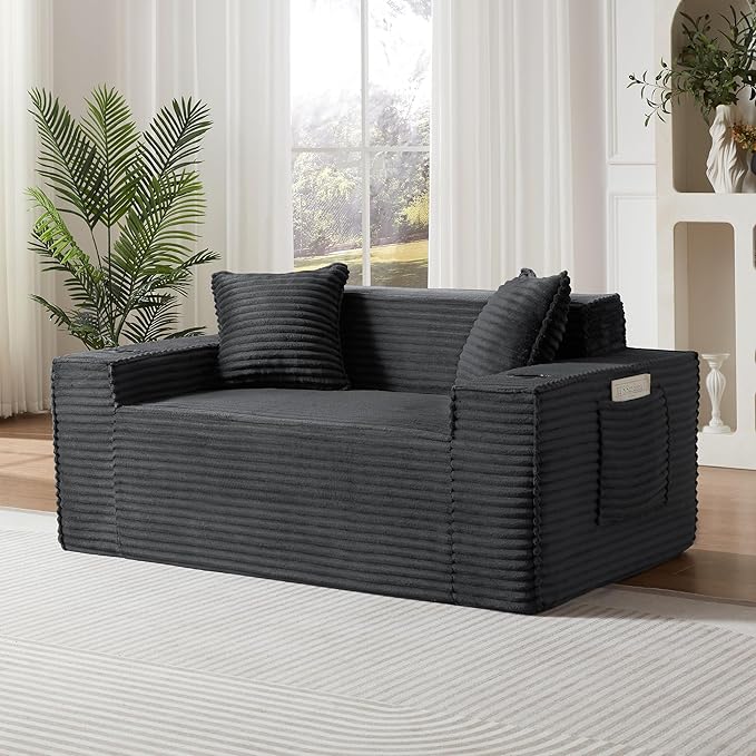 61 Cloud Loveseat Sofa with Cup Holder &amp Side Pocket Corduroy 2 Seater Sofa for Small Spaces Boneless Floor Sofa Couch with Pillow for Living Room Bedroom Apartment (Dark Gray Loveseat Sofa)