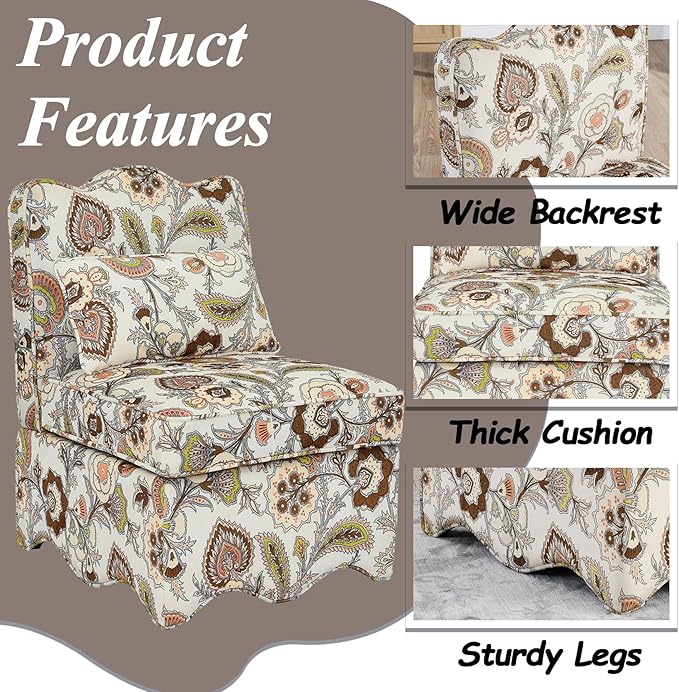 Floral Accent Chair Comfy with Pillow Armless Accent Chair for Bedroom Slipper Chair with Soft Seat Cushion and Backrest Side Chairs for Living Room Flannel Fabric Wave-Shaped (Brown)