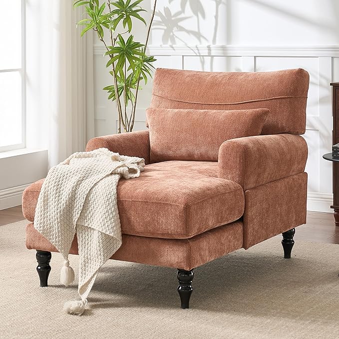 Chaise Lounge Chair Indoor Modern Leisure Sleeper Sofa Chair w/Double Deep Cushion Accent Upholstered Reading Side Armchair Recliner Arm Chairs for Living Room &amp Bedroom Easy AssemblyOrange