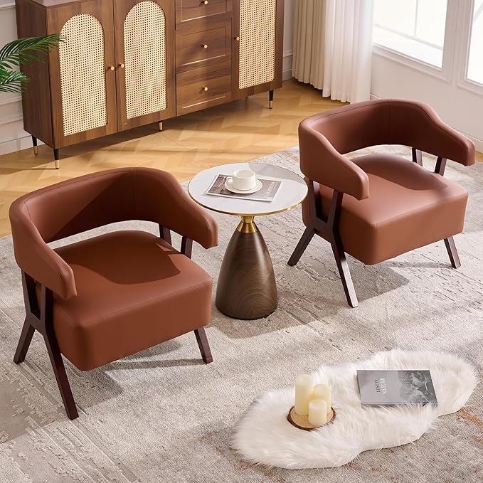 JIASTING Barrel Accent Chairs Brown Leather Chairs with Solid Wood Frame Mid-Century Modern Wooden Armchair with Wraparound Back Comfy Office Reading Chair for Living Room Bedroom (2 Brown)