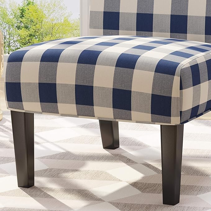 Christopher Knight Home Kendal Accent Chair Upholstered Farmhouse-Style Blue Checkerboard Matte Black Rubberwood Legs 29.2D x 22.5W x 32H in