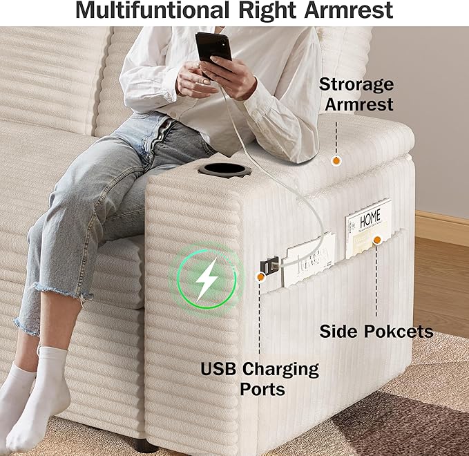 Vipbear 65 Loveseat Sleeper Sofa with Pull Out Bed Plush Corduroy 3-in-1 Convertible Sofa Bed with Reclining Backrest|USB Ports|Cup Holders|Side Table|Storage Armrests Tool Free Assembly Beige