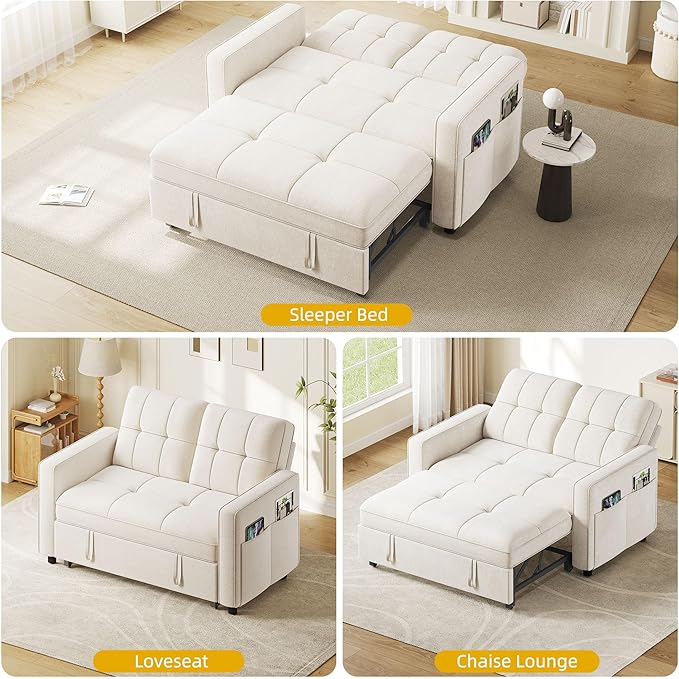 YITAHOME 55 Convertible Sofa Bed 3-in-1 Sleeper Sofa with Iron Frame Pull-Out Bed Linen Futon Couch with Reclining Backrest and Side Pocket Modern Loveseat for Living Room Bedroom Apartment Beige