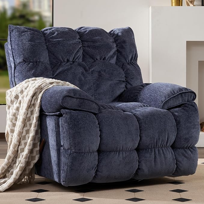 SITJOY Oversized Power Swivel Rocker Recliner Chair Overstuffed Extra Wide Rocking Chair for Big and Tall Glider Recliner Nursery Chair Soft Breathable Fabric in Dark Blue Manual