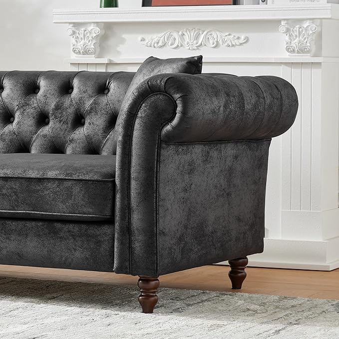 Air Leather Tufted Sofa Couch for Living Room Rolled Arm 3-Seater Sofa Couch with 2 Pillows Small Apartment Chesterfield Sofa