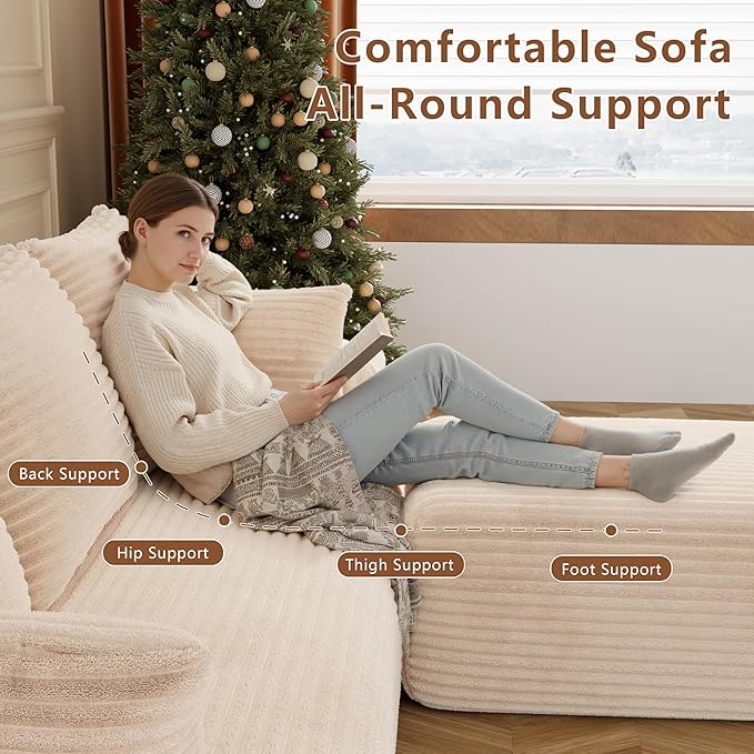 Boneless Couch Cloud Couch Sectional 106 L-Shape Modular Sectional Sofa with Ottoman Corduroy Sofa for Living Room Bedroom No Assembly Required Beige