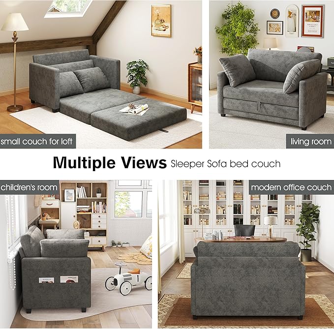 51 Loveseat Sleeper Sofa Bed Chenille Convertible Floor Sofa Bed for Small Spaces Folding Couch Bed with Deep Seat 2 Pillows &amp Solid Frame Pull Out Floor Couch for Living Room Grey