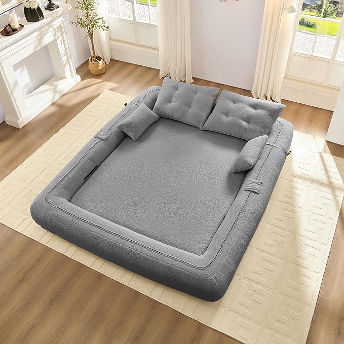 KEIKI 78.7 Foldable Human Dog Bed 3-in-1 Multi-Functional Sleeper Sofa Bed Teddy Fabric Foam-Filled Convertible Floor Couch for Living Room Guest Room Playroom Grey
