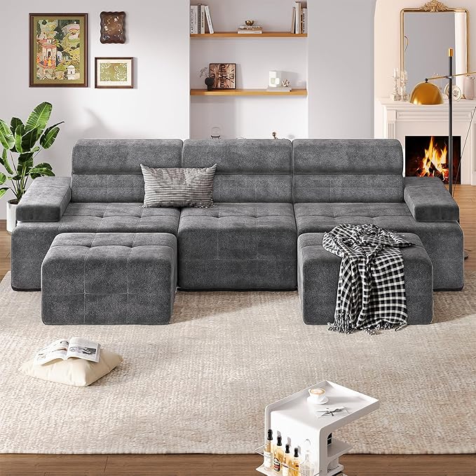 STHOUYN 134 Boneless Couch with Ottoman &amp Higher Backrest Modular Sectional Sofa for Living Room Corner Cloud U Shaped Couch (Grey 134 Inches)