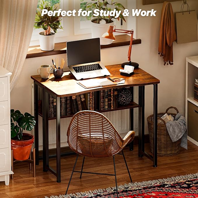 Huuger Folding Desk with Storage Shelf 31.5 Inch Foldable Computer Table for Small Spaces Space Saving Sofa Table for Couch Writing Work Office Computer Desk Easy to Fold Rustic Brown