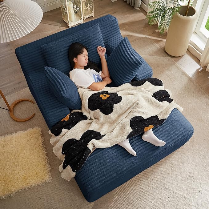 50 Chaise Lounge Chair Indoor Corduroy Lazy Sofa Bed Sleeper Chair with 3 Pillows &amp Spring Cushion Oversized Reading Chair for Living Room Apartment Blue