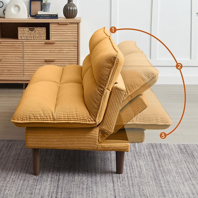 Convertible Futon Sofa Bed 72 Loveseat Couch with 3-Level Adjustble Backrest Modern Futon Loveseat Sofa for Living Room Apartment Yellow