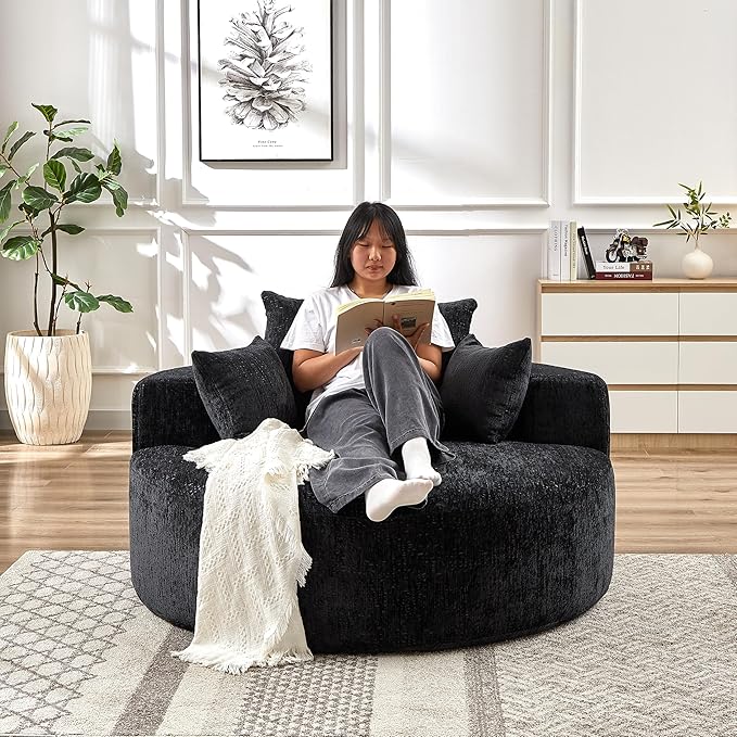 55''L Chenille Sponge Single SofaOversized Round ChairFluffy Modern Sleeper Chair for Living Room Lounge and Projection RoomWide Armrest Lounge Chairs Armchair with Pillow Black