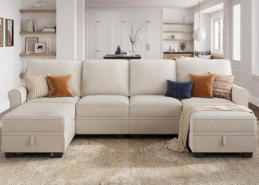 HONBAY Convertible Sectional Sofa with Storage U Shaped Sectional Couch with Reversible Chaise Small Sectional Couches for Living RoomBeige