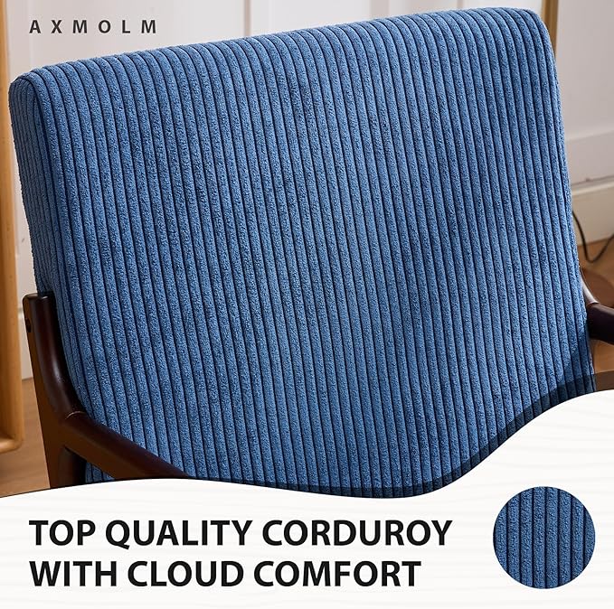 Mid-Century Modern Accent Chair Arm Chair Living Room Chairs with Pillow Upholstered Reading Chair with Solid Wood Frame &amp Corduroy Fabrics for Living Room Bedroom Balcony (Corduroy Sapphire Blu