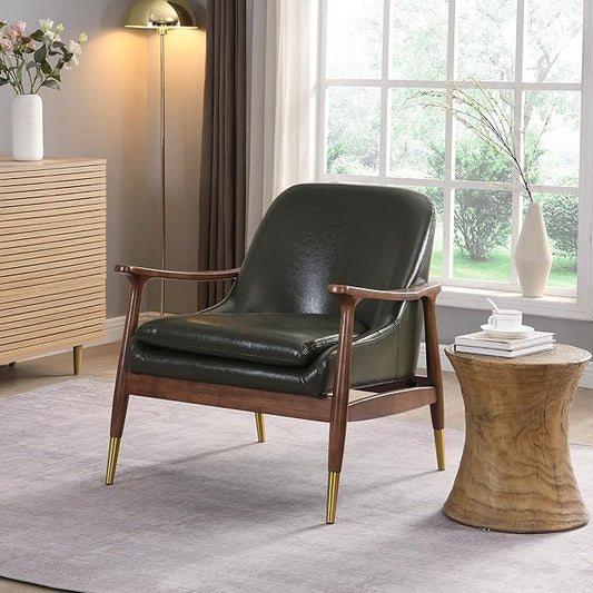 29.2'' Mid Century Faux Leather Accent Chair with Cushioned Seat Solid Wood e and Brass Tipped Legs Perfect for Living Room Bedroom or Office Lounge