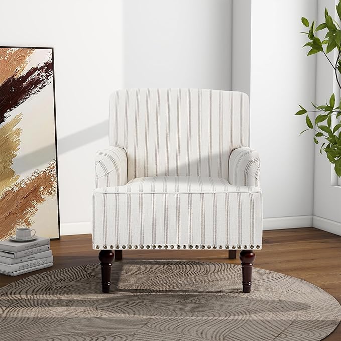 Accent Chair Mid Century Modern Comfy Armchair for Living Room Linen Fabric Single Sofa Lounge for Reading Bedroom Apartment Waiting Room with Wood Legs (Pinstripe Light Brown Set of 1)