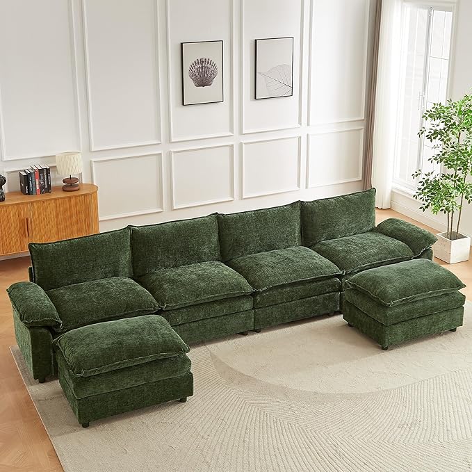 Modular Sectional Sofa 146.8 Inch U Shaped Couch Set with Armrests 4-Seater Comfy Cloud Boneless Couches with 2 Movable Ottomans for Living Room Apartment Dark Green