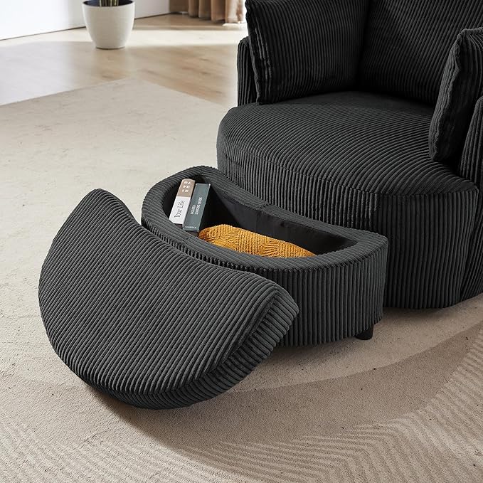 Swivel Accent Chair Round Barrel Armchair with Storage Ottoman Upholstered Corduroy Fabric for Living Room Apartment Office (Black 2-Piece)