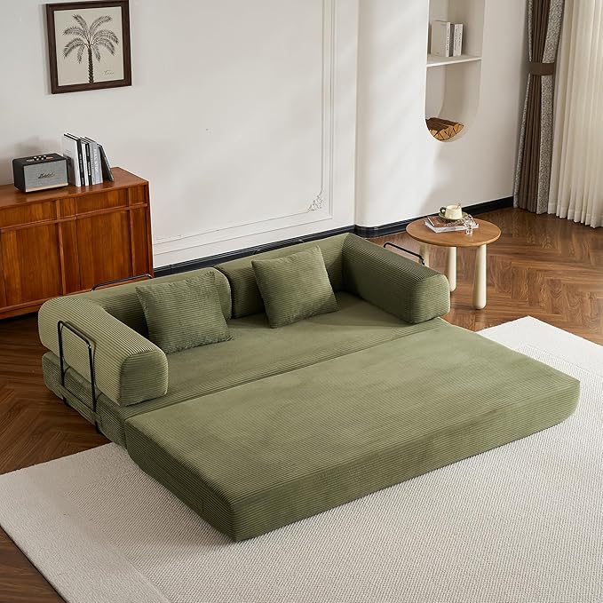 Convertible Sleeper Sofa Bed with Cylindrical Pillow Corduroy Folding Boneless Couch with Fixed-Shape Frame Comfy Floor Sofa Couch for Living Room No Assembly Required Green
