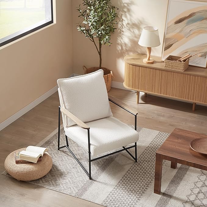 Zouron Fabric Accent Chair Upholstered Single Sofa Chair with Metal Frame Modern Living Room Chair with Wooden Armrests and Cushion Back 1Pcs White