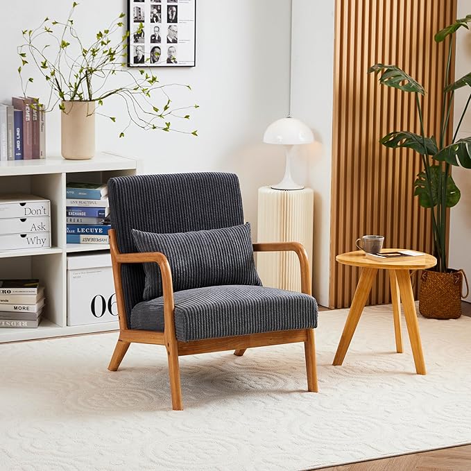 Mid-Century Accent Chair Upholstered Fabric Living Room Chair with Solid Wood Frame Modern Small Side Arm Chairs Comfy Wingback Reading Chair for Bedroom Office (Dark Grey A)