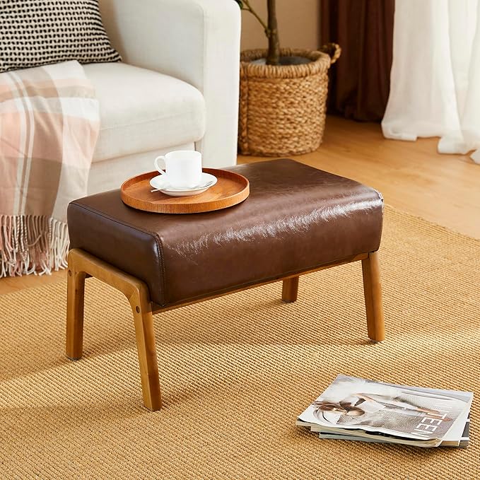 Glitzhome Rectangle Ottoman Bench Modern Coffee Leatherette Footstool with Walnut Rubberwood Legs for Living Room Bedroom