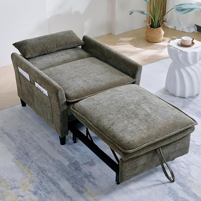 Sleeper Chair Pull Out BedChenille 3 in 1 Convertible Sleeper Couches Single Sofa Chair with Adjustable Backrest for Living Room Bedroom Small Spaces (Olive Green)