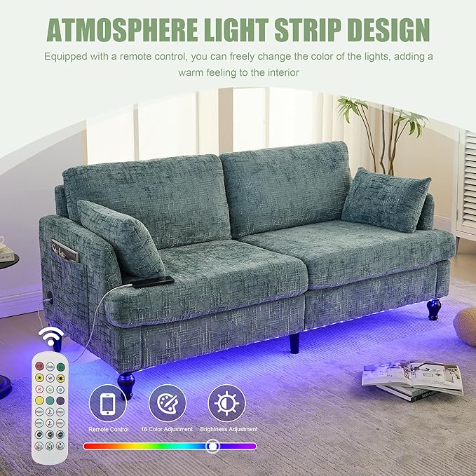 69” Modern Chenille Loveseat Sofa Couch Upholstered 2 Seat Love Seat Deep Seat Small Couch with LED Light and Sturdy Wood Legs for Living Room Bedroom Apartment (Lake Blue)