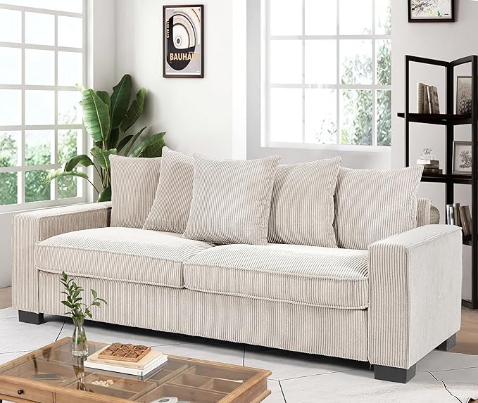 Luxe Corduroy Sofa with 5 Matching Toss Pillows Sleek Design Spacious and Comfortable 3 Seater Couch for Modern Living Room Large Ivory