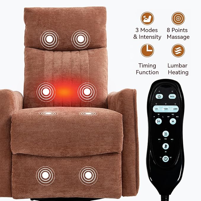 High Back Massage Recliner with Heat - Swivel Rocking Chair for Small Spaces Manual Lazy Boy Recliner for Adults Perfect for Living Room &amp Bedroom Soft Fabric (Orange)