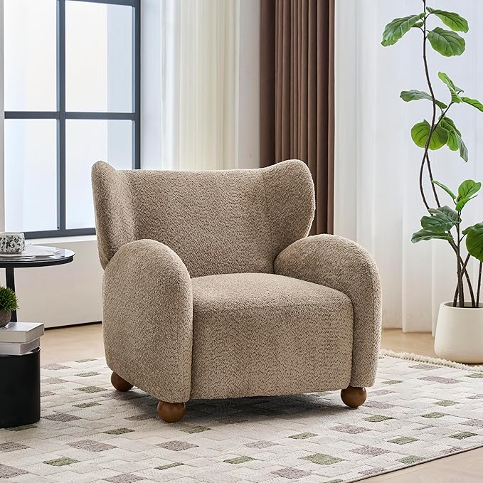 Christopher Knight Home Aiden Boucle Wingback Accent Chair Fabric Upholstered Club Chair with Wooden Frame Comfy Reading Chair for Living Room/Bedroom Light Brown+Walnut