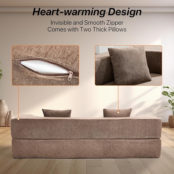 Folding Sofa Bed Convertible Futon Sleeper Bed 2-in-1 Foldable Floor Mattress with 2 Pillows Breathable High-Density Foam Lazy Couch Comfy Lounge Chair Brown