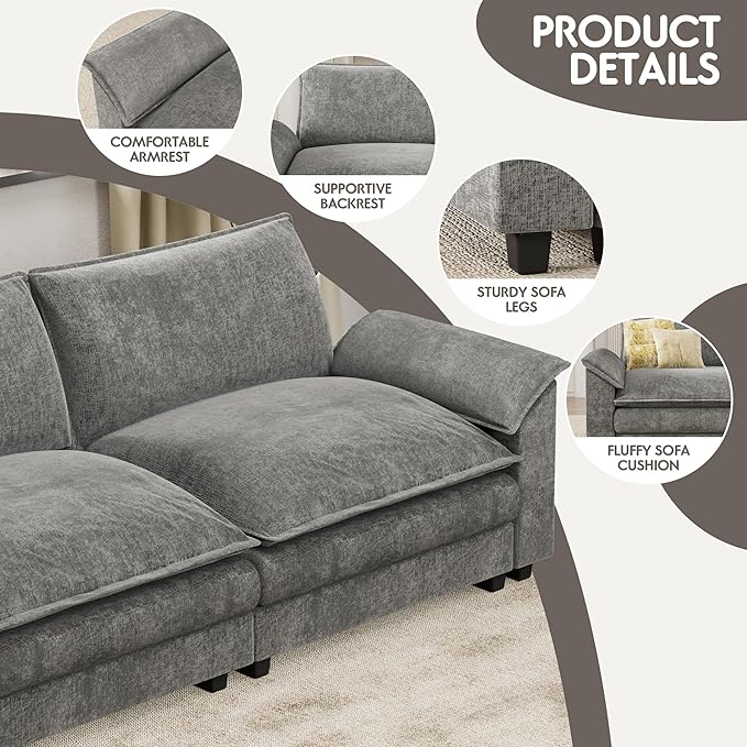 Homall 80 Modular Sectional Sofa Loveseat Sofa Couch with Double-Layer Cushion DIY Combination Chenille Deep 2-Seat Cloud Couch for Living Room Apartment (Bright Grey Loveseat Sofa)