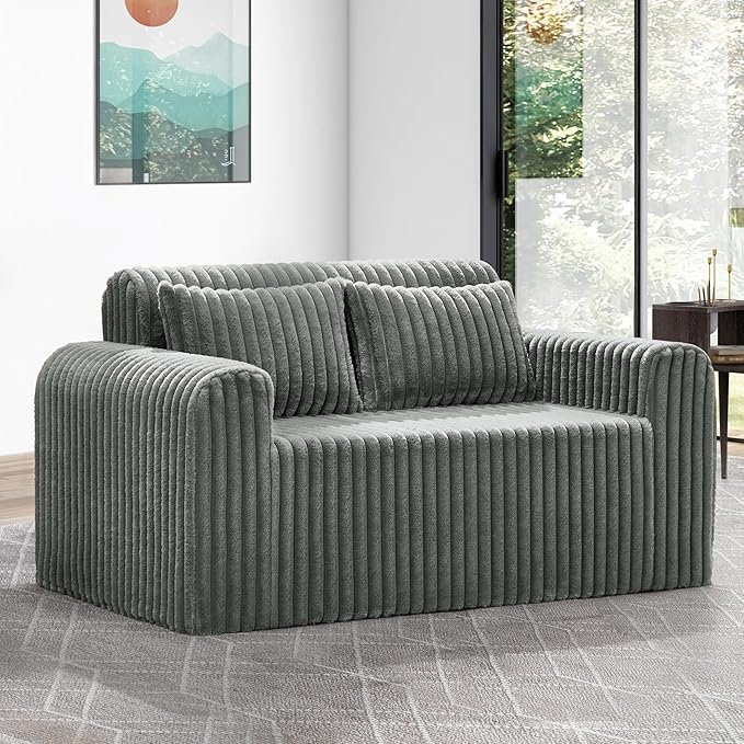 Hobestluk Couch Sofa 2-Seater Foam Sofa Loveseat for Small Spaces Comfy Sofas with Removable Cover Furry Couch with Pillows for Living Room Bedroom Apartment Office (Grey Loveseat)