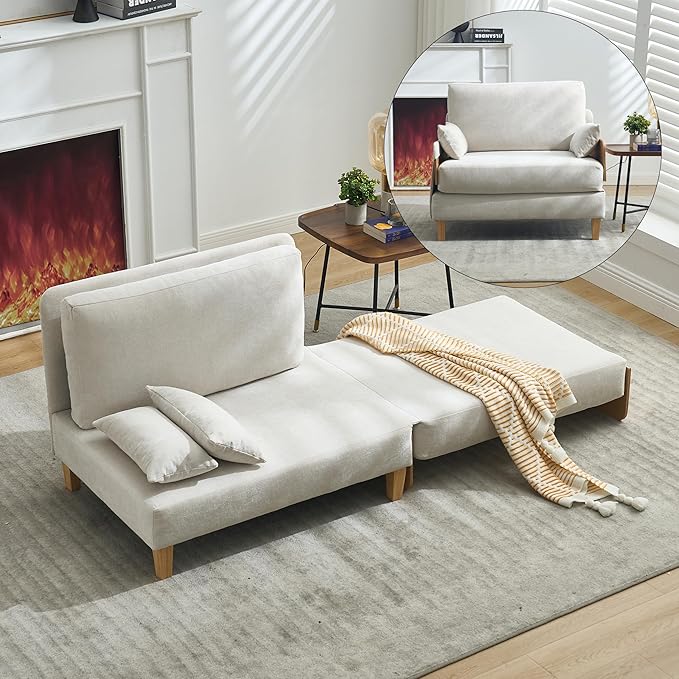Mid-Century Modern Accent Chair 2-in-1 Foldable Sofa Couch Convertible Sleeper Bed Extra Wide Upholstered Armchair with 3 Pillows &amp Side Pocket for Living Room Bedroom (Beige)