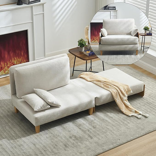Mid-Century Modern Accent Chair 2-in-1 Foldable Sofa Couch Convertible Sleeper Bed Extra Wide Upholstered Armchair with 3 Pillows &amp Side Pocket for Living Room Bedroom (Beige)