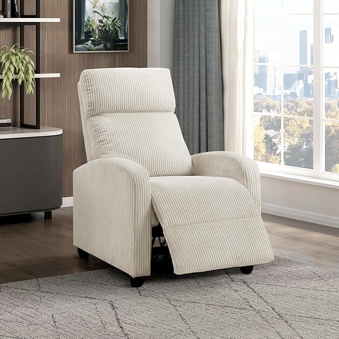 Lexicon Corduroy Pushback Recliner Chair Armchair Push Back Recliner Solid Wood Frame and Metal Base Easy Assembly Small Soft Single Sofa Accent Chair for Living Room/Office/Apartment Beige