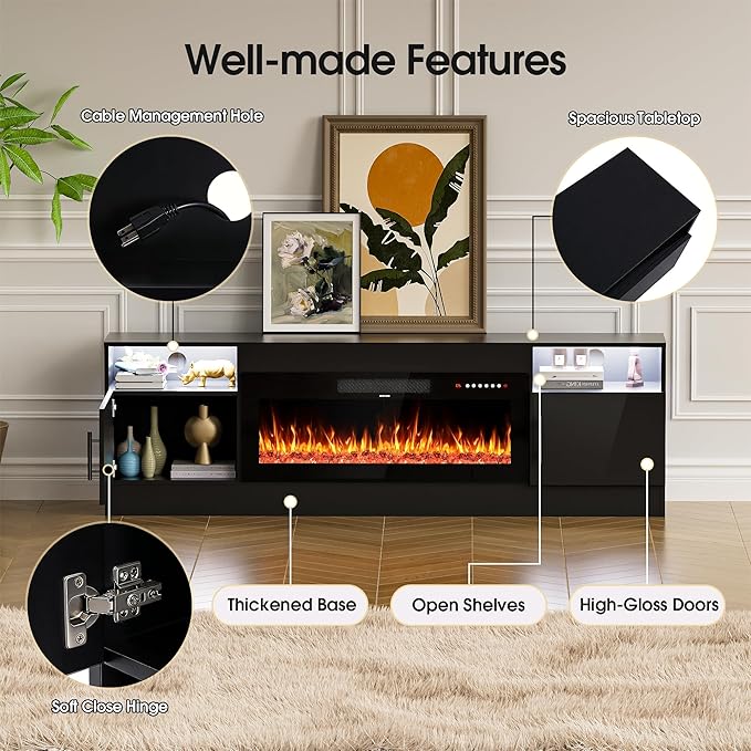 AHB Fireplace TV Stand LED Light Entertainment Center with 36 Electric Fireplace Storage Cabinet and Door Handles Media Console Table for TVs Up to 80 Inches for Living Room 70 Inches (Black)