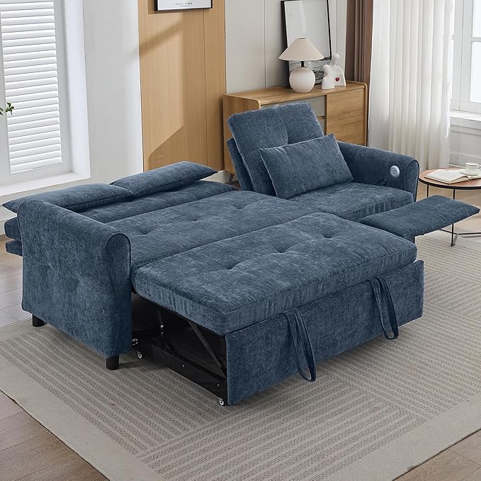 ERYE L-Shaped Reversible Recliner Sectional Sofa Chenille Upholstered Pull Out Convertible Sofabed with Pull Out Sleeper Couch Bed and Recliner Chaise Lounge and USB-C Ports