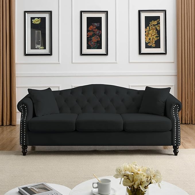 KEIKI 79 + 79 Chesterfield Sofa Retro Upholstered 3+3 Seater Velvet Couch with Rolled Arm and Nailhead for Living Room Bedroom Office Apartment Black