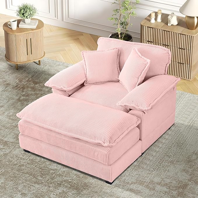 TTK Oversized Chaise Lounge Chair with Ottoman - 39.17 Wide Modern Sleeper Sofa for Living Room Bedroom &amp Office - Deep Seat Sectional Couch with Pillow Comfortable Reading ChairWhite