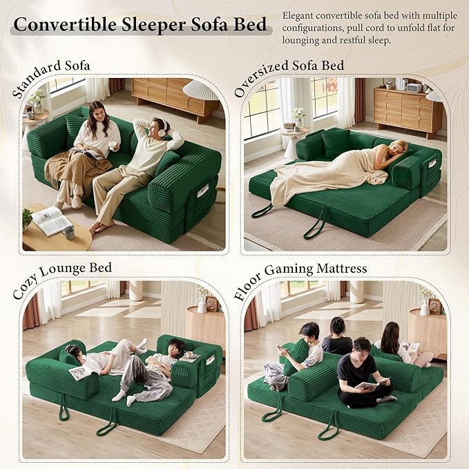 Boneless Couch Futon Sofa Bed Sectional Couches for Living RoomCloud Couch with Sleeper SofaSofas for Living Room Oversized Corduroy Upholstered (Green 81 Inches (with Iron Frame))