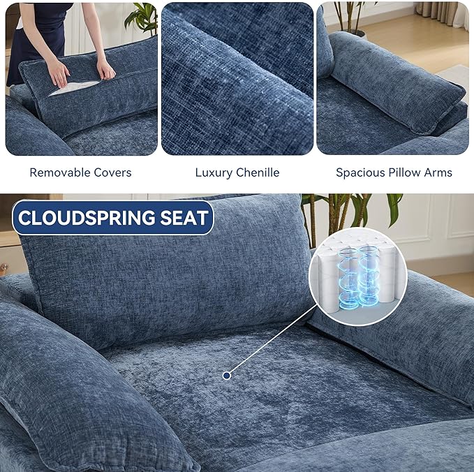 69 Oversized Boneless Chaise Lounge Chair Indoor No Assembly Blue Lounge Couch Chenille Upholstered Sofa Bed with Pocket Springs Reading Chair with Ottoman for Living Room Bedroom Office