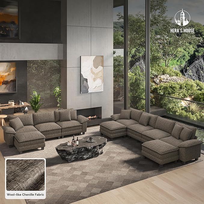 HERA'S HOUSE 124 Modular Sectional Sofa Oversized L Shaped Couches for Living Room Comfy Cloud Couch with Ottoman 4-Seater Deep Seat Sofa with Throw Pillow Chenille Ash