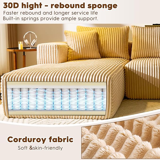 WorthFurni Cloud Modular Sofa Couch with U-Shape Chaise and Big Ottoman Modern Sectional with Deep Seat Upholstered Couches for Living RoomNo Assembly Required Plush Corduroy Fabric 139.37(Beige)