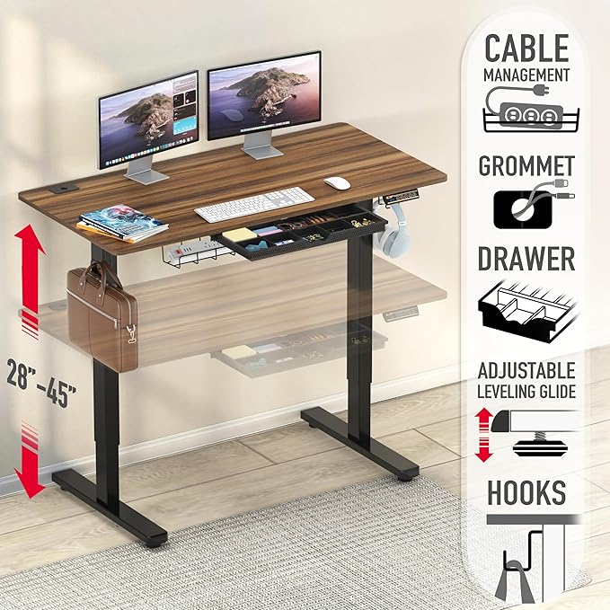 SHW 48-Inch Electric Height Adjustable Standing Desk with Drawer Memory Preset and Cable Management Tray Walnut