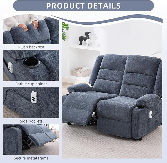 52Inch Power Loveseat ReclinerElectric Reclining Loveseat SofaAdjustable Love seat Recliner Sofa for Living RoomBedroom with Charging Ports(Blue loveseat)