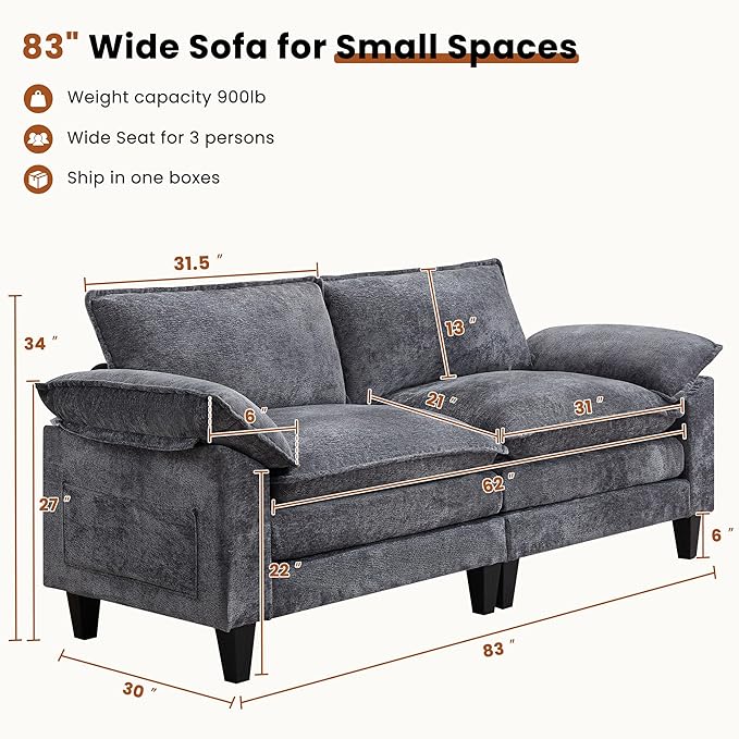 83 Loveseat SofaCloud Couch for Living RoomComfy Love Seat with Double Cushion2 PillowsRemovable Cover for Bedroom Apartment and Office